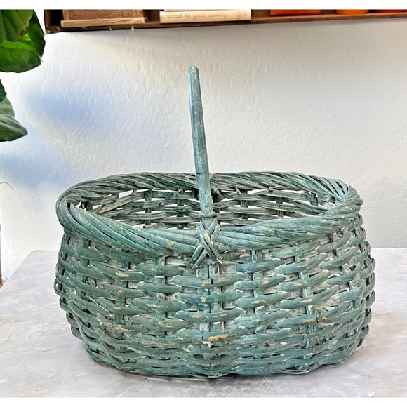 Antique Medium Woven-splint Basket Single Handle Distressed Blue Green Decor
